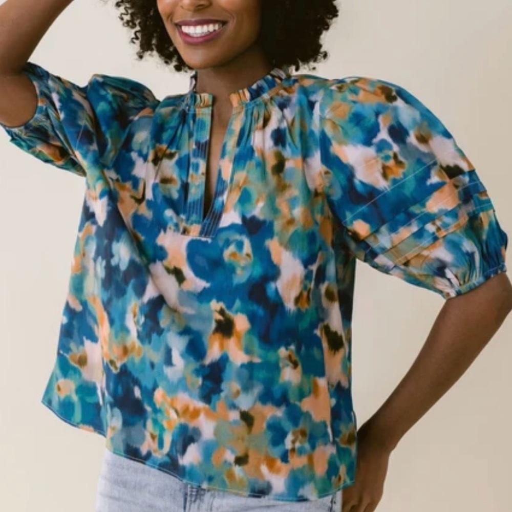 Laroque- Alix Puff Shortsleeve Blue and Teal Top